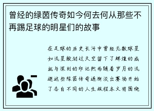曾经的绿茵传奇如今何去何从那些不再踢足球的明星们的故事